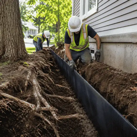 Workers installing root barrier near a residential foundation to prevent tree root damage