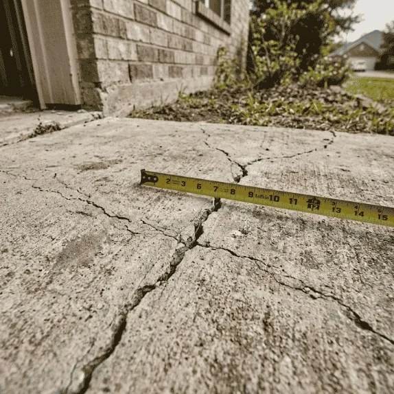 Structural cracks in a residential concrete slab foundation requiring repair.
