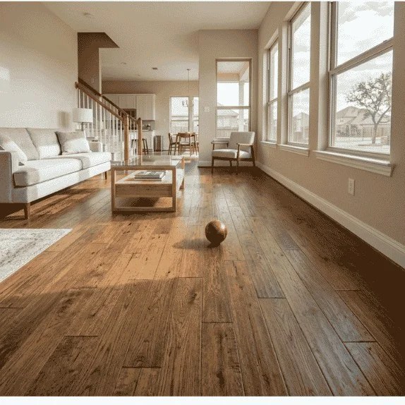 Sloping hardwood floors caused by foundation settlement in a Texas home.
